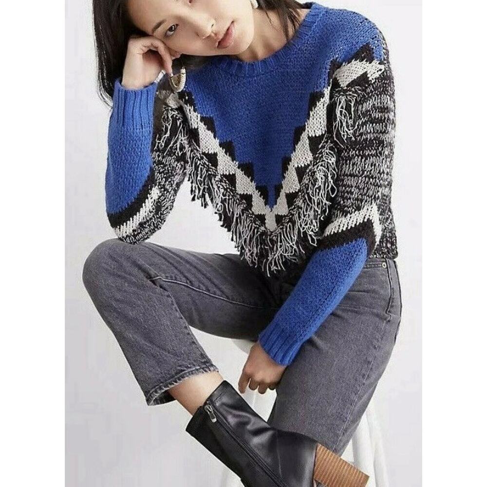 Anthropologie | Fringed Color Block Knit Sweater Top MSRP $128 Blue Multi-Medium